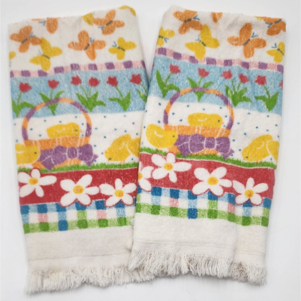 Cecil Saydah Hand Towels 2pc Set White Multicolor Easter Spring Chicks Vintage